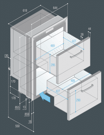 180 Litre Stainless Steel Twin Drawer Refrigerator 1 Dimension Drawing